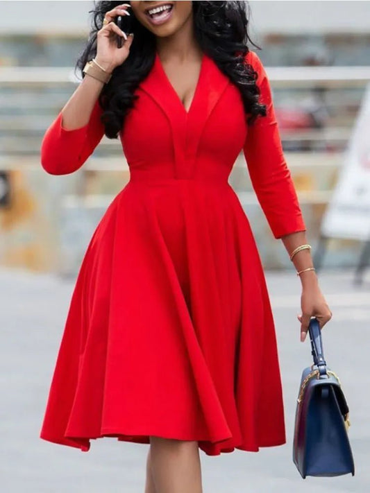 Women Red A Line Dress Office Ladies Elegant Pleated V Neck Three quater Sleeves Knee Length Vestidoes Elastic Big Size Female - Jaazi Intl