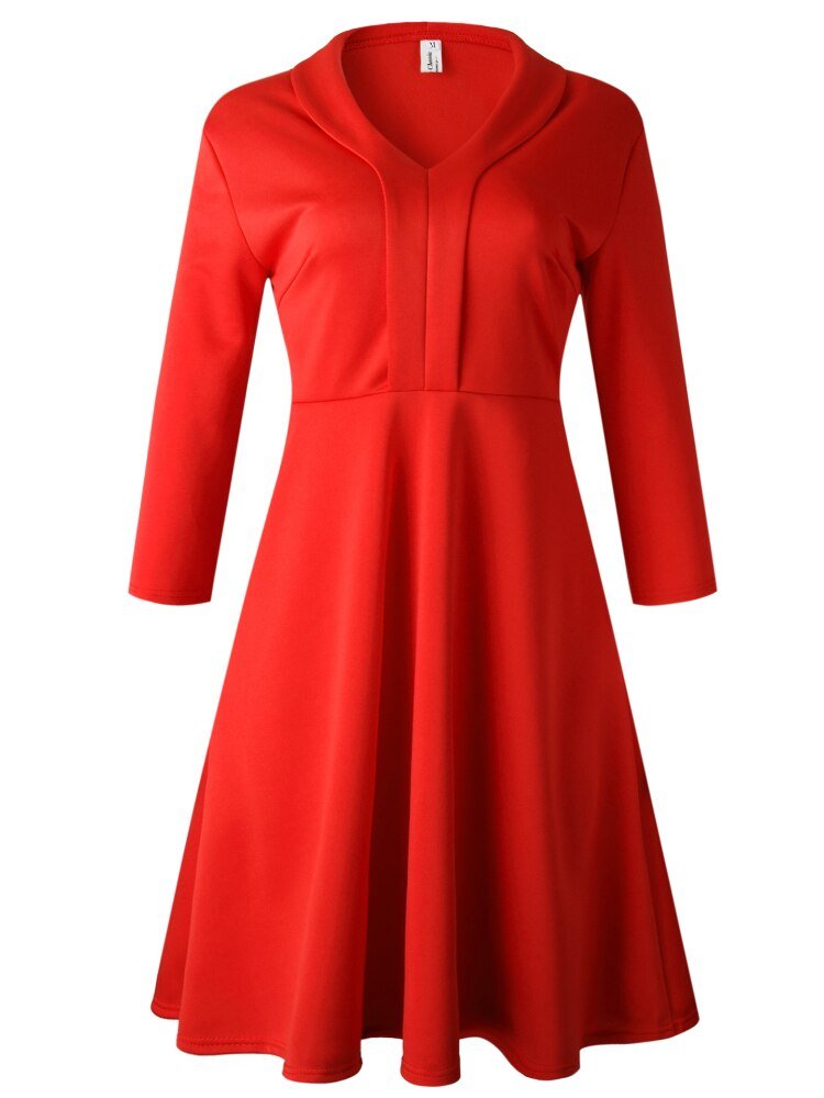 Women Red A Line Dress Office Ladies Elegant Pleated V Neck Three quater Sleeves Knee Length Vestidoes Elastic Big Size Female - Jaazi Intl