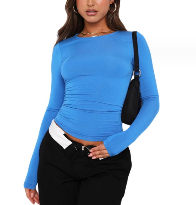 Women's Clothing Fashion Slim Long-sleeved Pullovers Tops Solid Causal Fit Shirts - Jaazi Intl