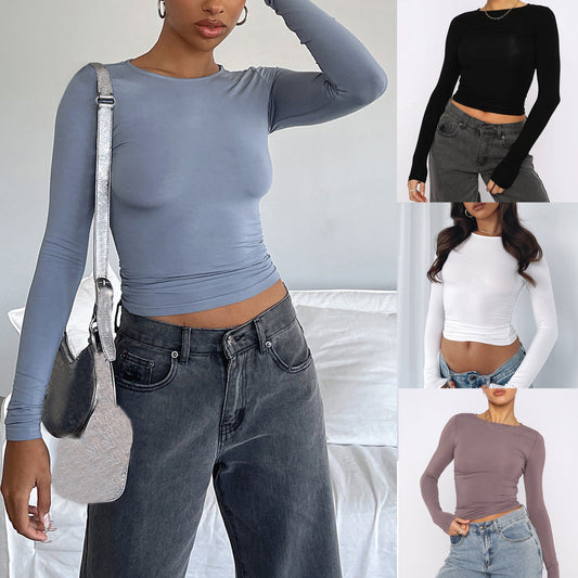 Women's Clothing Fashion Slim Long-sleeved Pullovers Tops Solid Causal Fit Shirts - Jaazi Intl