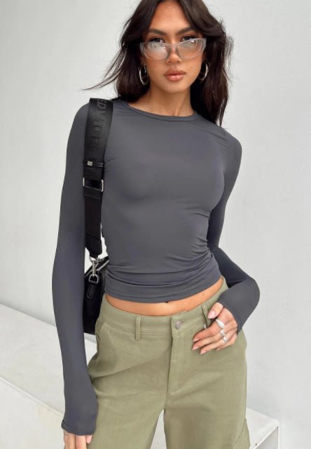 Women's Clothing Fashion Slim Long-sleeved Pullovers Tops Solid Causal Fit Shirts - Jaazi Intl