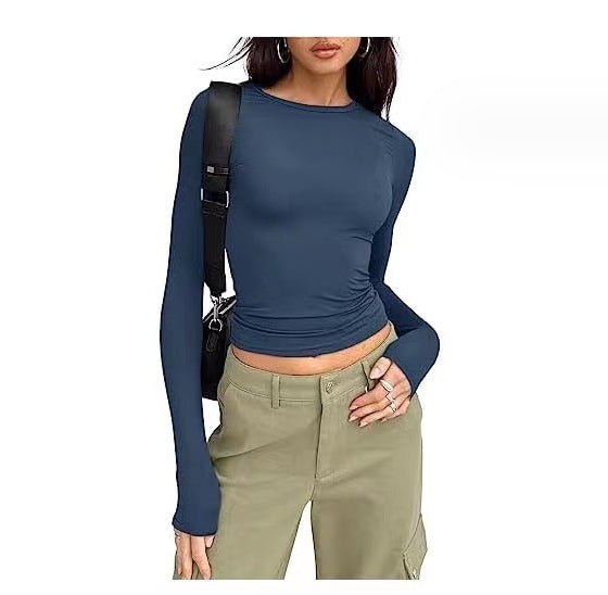 Women's Clothing Fashion Slim Long-sleeved Pullovers Tops Solid Causal Fit Shirts - Jaazi Intl