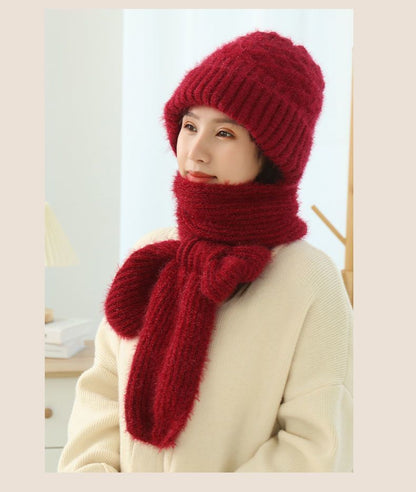 Women's Fleece-lined Scarf And Hat Winter Warm Knitted Hat Scarf - Jaazi Intl