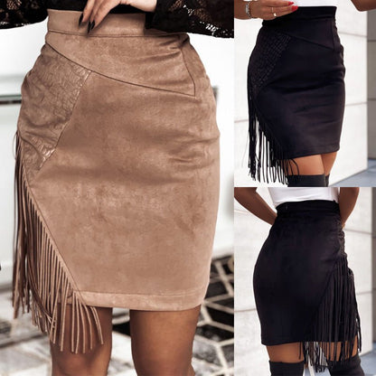 Women's Fringed Skirt Sexy Irregular High Waist Hip-Hugging Skirt Fashion Suede Short Dress - Jaazi Intl