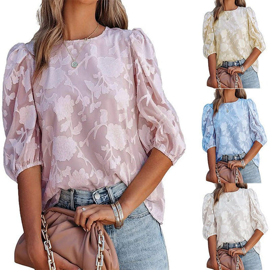 Women's Puff Sleeve Chiffon Loose Top Flower Texture Shirt - Jaazi Intl