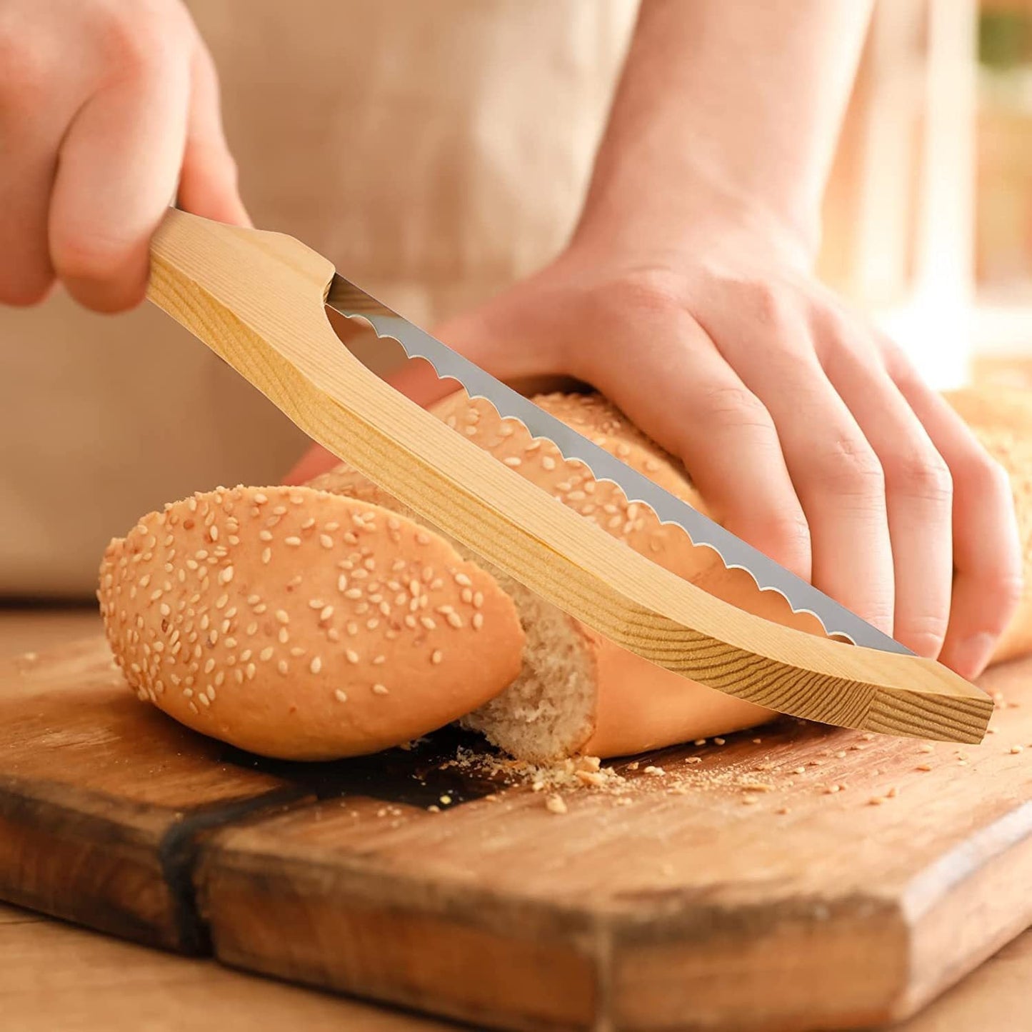 Wooden Bread Slicing Knife With Serrated Teeth - Jaazi Intl