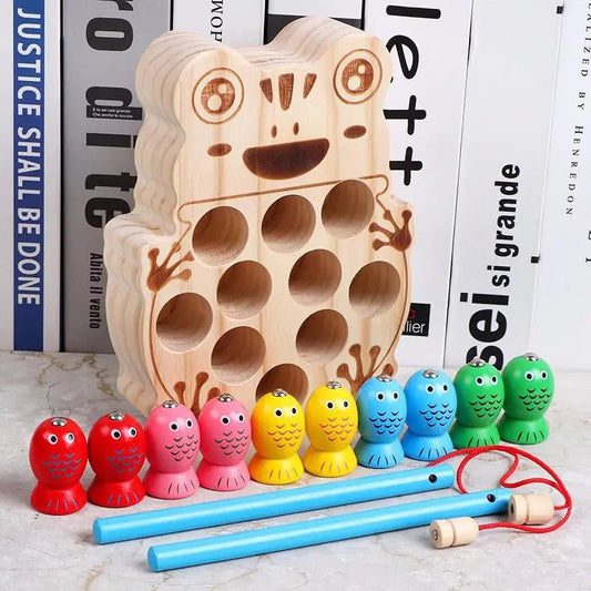 Wooden Double Pole Magnetic Frog Fishing Toy Montessori Hand Eye Coordination Focus Training Children Wooden Teaching Aids - Jaazi Intl