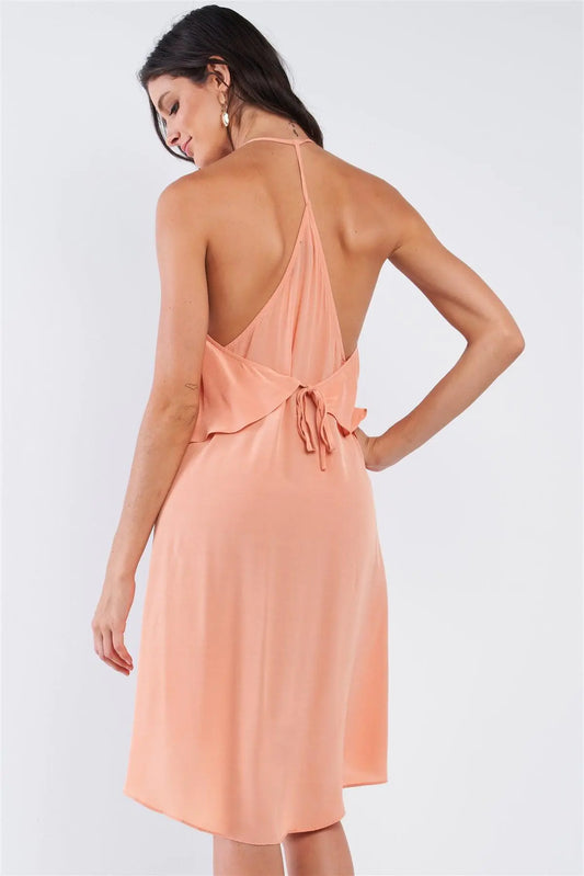 Peach Asymmetrical Sleeveless Deep Plunge V-Neck Layered Flowy Self-Tie Back T-Shaped Halter Neck Tie Mini Dress /1-3-2