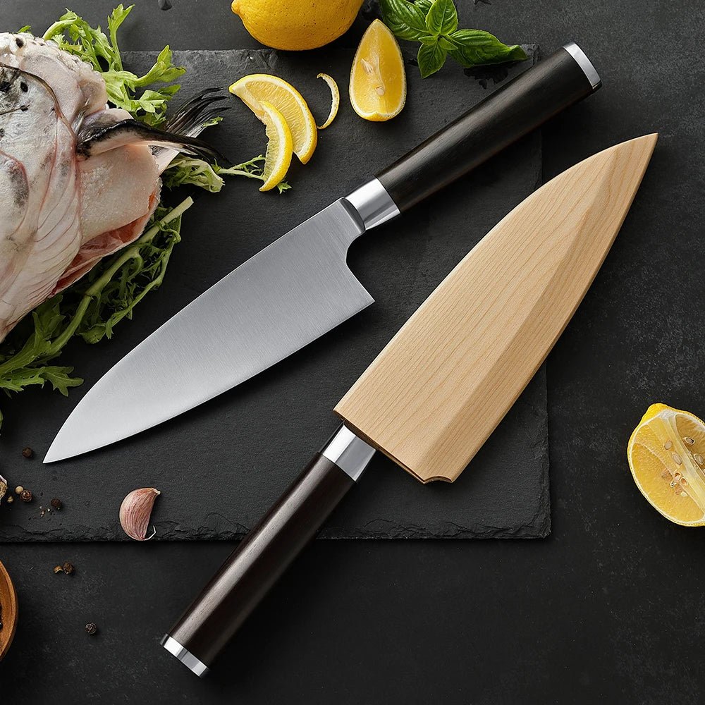 XINZUO 180mm Gyuto Knife with Scabbard X8Cr14MoV Forged Steel 58±2 HRC Kitchen Knives Japanese Deba Fish Head Knife Ebony Handl - Jaazi Intl