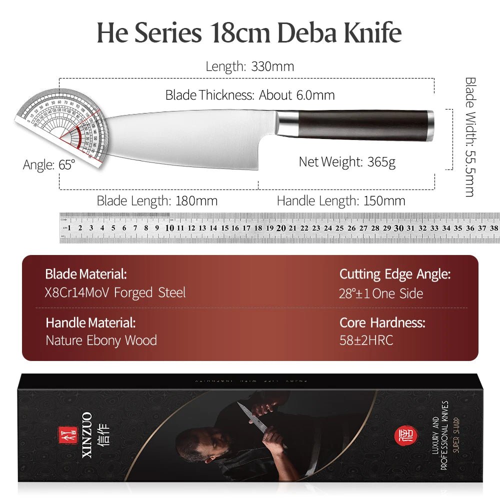 XINZUO 180mm Gyuto Knife with Scabbard X8Cr14MoV Forged Steel 58±2 HRC Kitchen Knives Japanese Deba Fish Head Knife Ebony Handl - Jaazi Intl