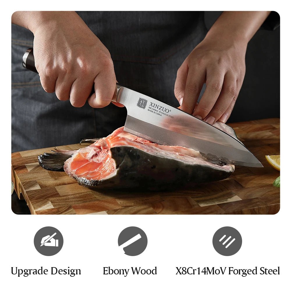 XINZUO 180mm Gyuto Knife with Scabbard X8Cr14MoV Forged Steel 58±2 HRC Kitchen Knives Japanese Deba Fish Head Knife Ebony Handl - Jaazi Intl