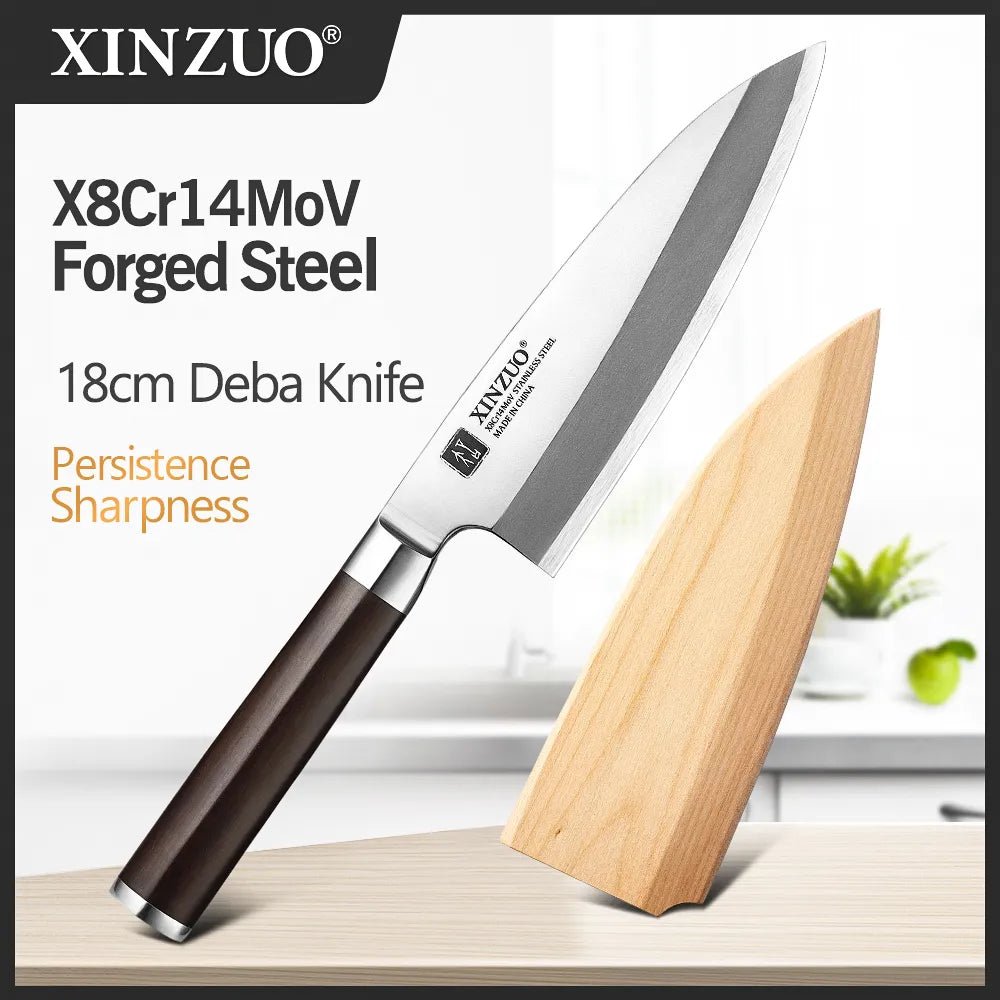 XINZUO 180mm Gyuto Knife with Scabbard X8Cr14MoV Forged Steel 58±2 HRC Kitchen Knives Japanese Deba Fish Head Knife Ebony Handl - Jaazi Intl