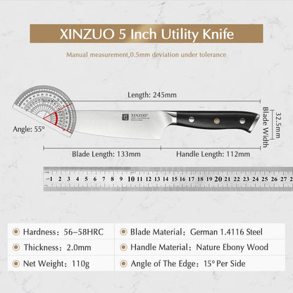 XINZUO 5" Inch Utility Knife GERMAN 1.4116 Steel Best Kitchen Knife New Parer Fruit Knife with Ebony Handle Kitchen Accessories - Jaazi Intl