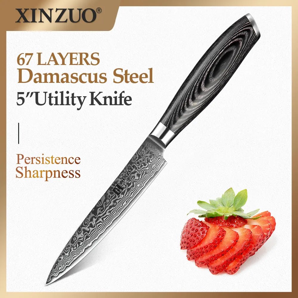 XINZUO 5"Inch Utility Knife 67 Layers Japanese Damascus Steel Kitchen Knife Sharp Multi-purpose Cutter Knives Pakkawood Handle - Jaazi Intl