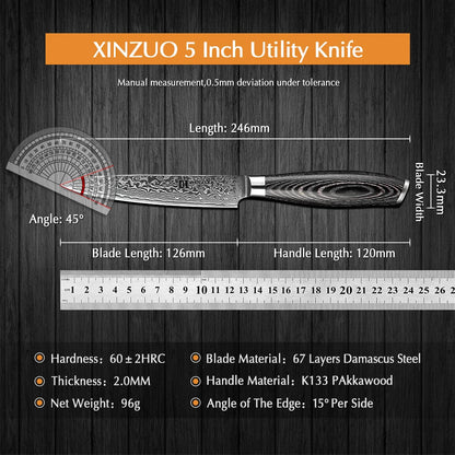 XINZUO 5"Inch Utility Knife 67 Layers Japanese Damascus Steel Kitchen Knife Sharp Multi-purpose Cutter Knives Pakkawood Handle - Jaazi Intl