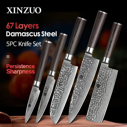 XINZUO 5PCS Kitchen Knives Set Japanese Damascus Stainless Steel New designed Knife Cleaver Nakiri Knife with Pakkawood Handle - Jaazi Intl