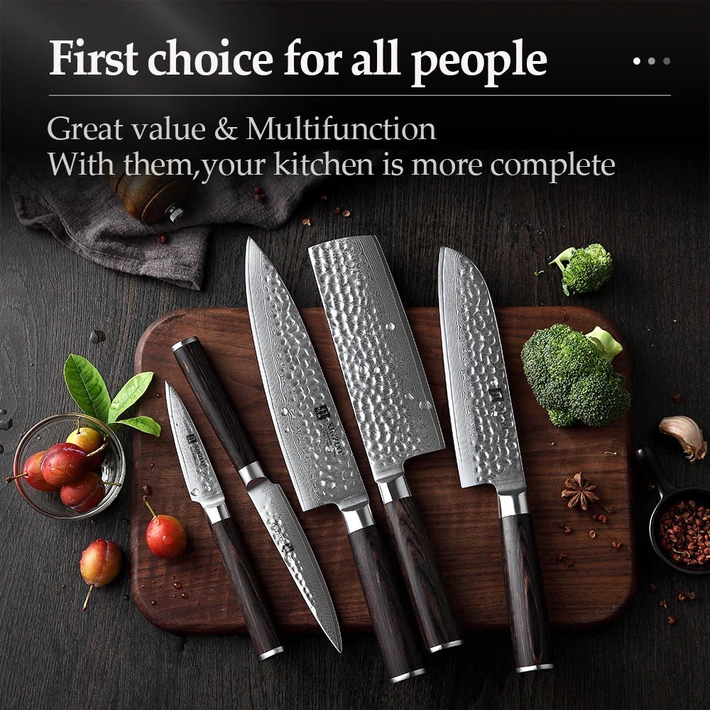 XINZUO 5PCS Kitchen Knives Set Japanese Damascus Stainless Steel New designed Knife Cleaver Nakiri Knife with Pakkawood Handle - Jaazi Intl