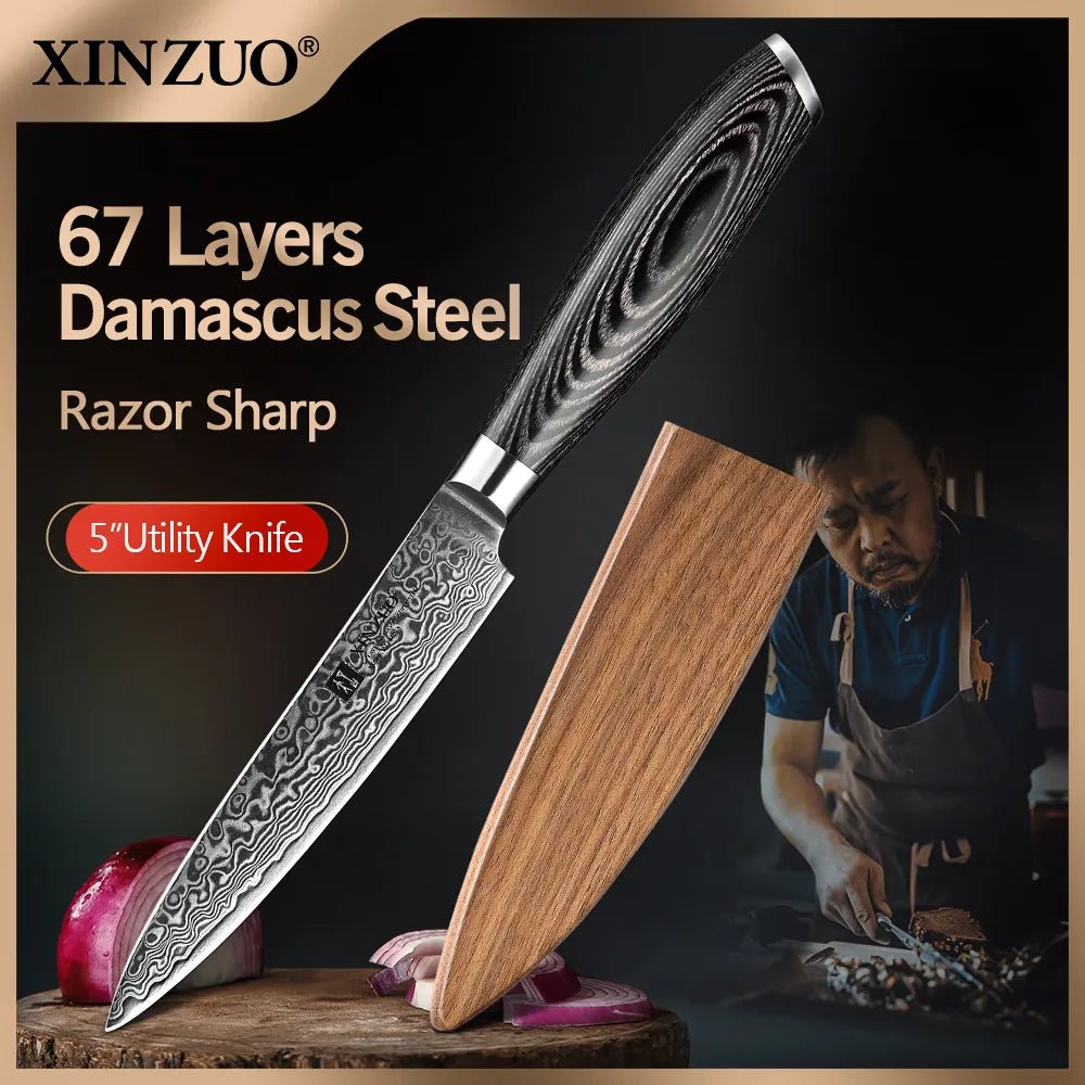 XINZUO 5"Utility Knife 67 Layer Customzied Damascus Steel Kitchen Knives Pakkawood Handle Ultra Sharp Multi-purpose Cutter Knife - Jaazi Intl