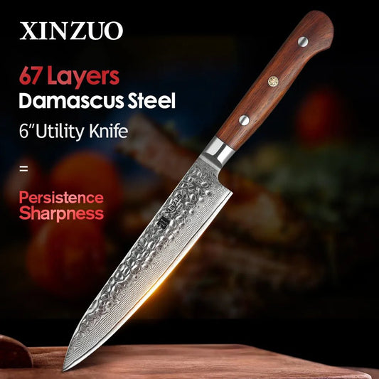 XINZUO 6'' Utility Knife vg10 Damascus Steel Kitchen Utility Knives for Vegetables Rosewood Handle Stainless Steel Paring Knife - Jaazi Intl