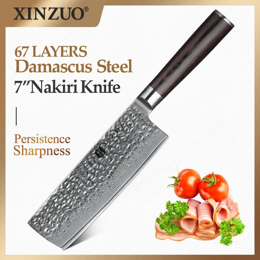 XINZUO 6.8 Inch Nakiri Knife Chef Kitchen Knife Damascus Steel Chinese Cleaver Vege Hammer Stria Cook Knives Pakka Wood Handle - Jaazi Intl