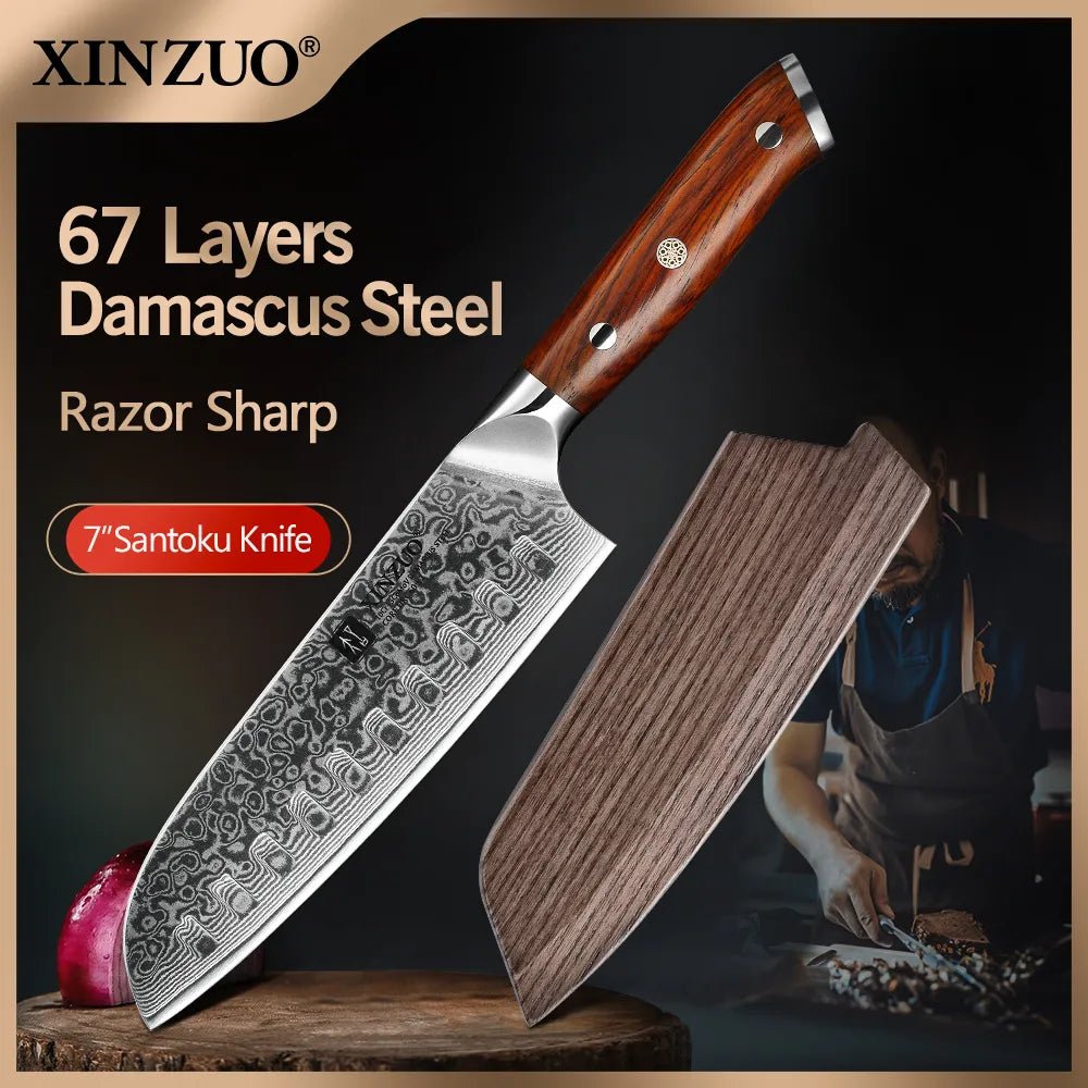 XINZUO 7'' Inch Santoku Kitchen Knives 67 Layers Damascus Steel Chef Knife Rosewood Handle Dealing With Meat Fruit Vegetables - Jaazi Intl