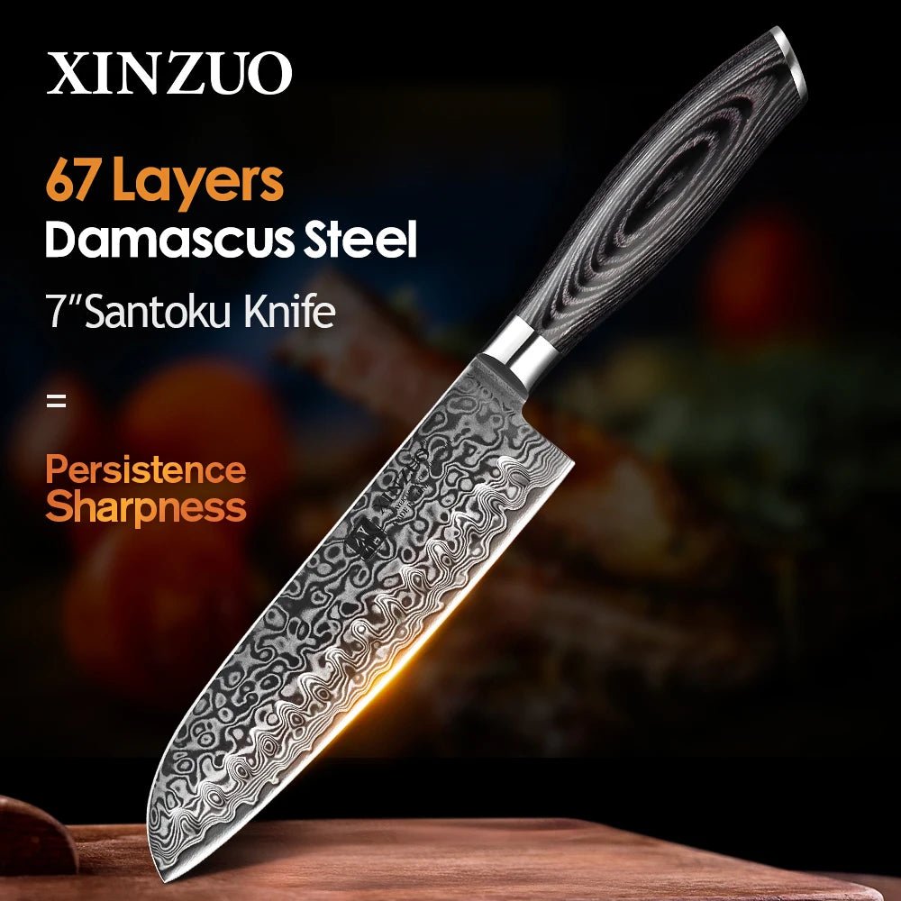 XINZUO 7" inch Santoku Knife Japanese Damascus Kitchen Knife High Carbon Stainless Steel Gyuto Knife Cook Chef Pakkawood Handle - Jaazi Intl