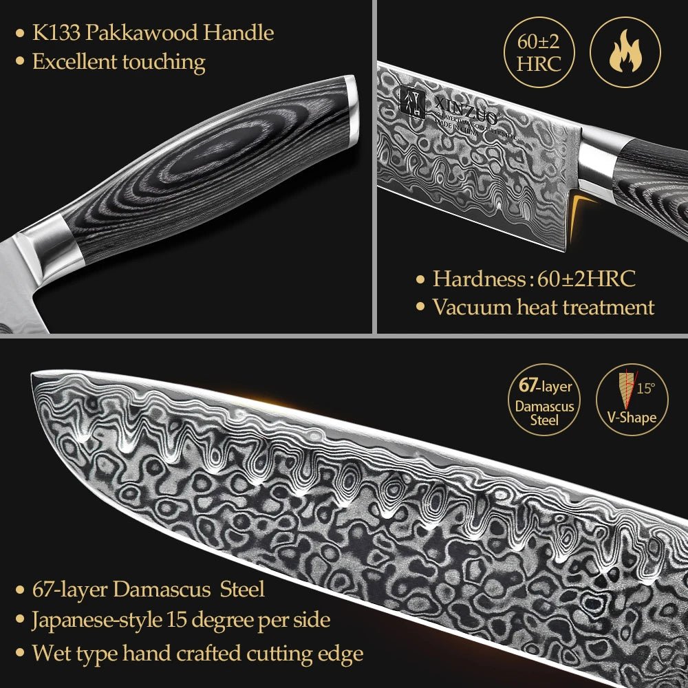 XINZUO 7" inch Santoku Knife Japanese Damascus Kitchen Knife High Carbon Stainless Steel Gyuto Knife Cook Chef Pakkawood Handle - Jaazi Intl