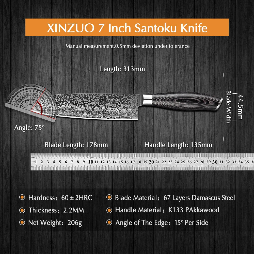 XINZUO 7" inch Santoku Knife Japanese Damascus Kitchen Knife High Carbon Stainless Steel Gyuto Knife Cook Chef Pakkawood Handle - Jaazi Intl