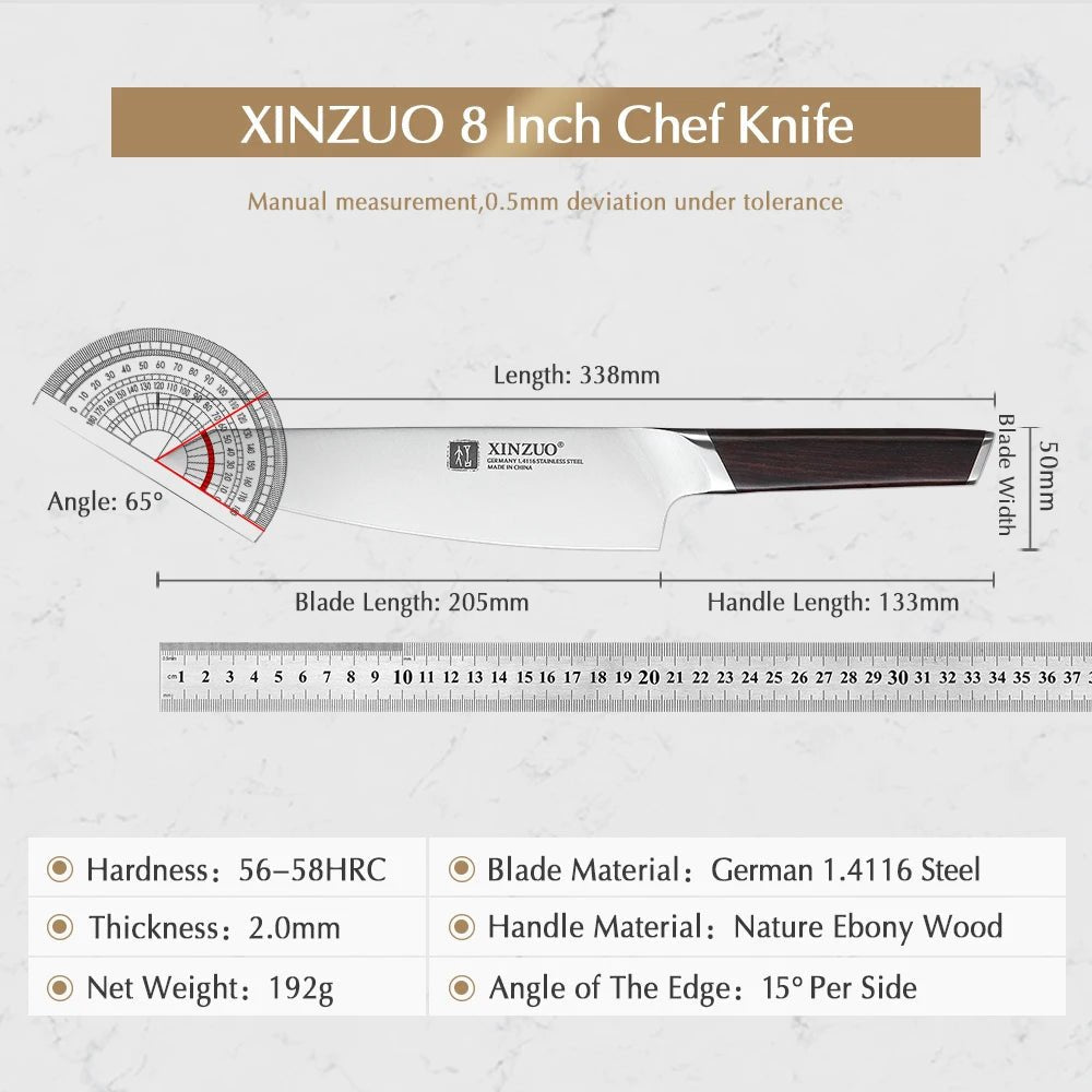 XINZUO 8" Chef Knife DIN 1.4116 Stainless Steel Germany Kitchen Knives Cutting Peeler Vegetable Knife Ebony Handle Gift Case - Jaazi Intl