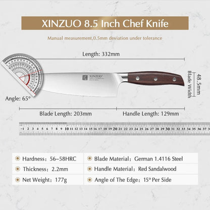 XINZUO 8'' Chef Knife German DIN 1.4116 Steel Kitchen Knives Stainless Steel Meat Vegetables Knife Kitchen Red Sandalwood Handle - Jaazi Intl