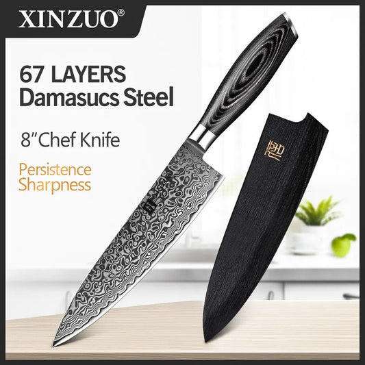 XINZUO 8'' Chef Knife Gyuto Knife Japanese Style VG10 Damascus Kitchen Knives Stainless Steel Butcher Knife Pakka Wood Handle - Jaazi Intl