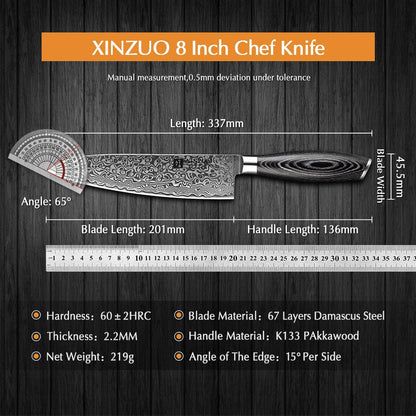 XINZUO 8'' Chef Knife Gyuto Knife Japanese Style VG10 Damascus Kitchen Knives Stainless Steel Butcher Knife Pakka Wood Handle - Jaazi Intl