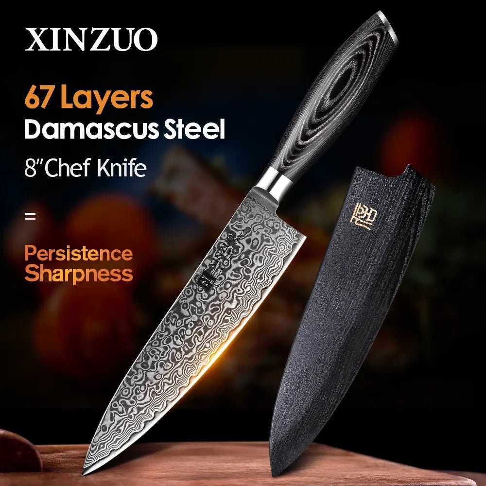 XINZUO 8" Professional Chef Knife Damascus VG10 Steel Pakkawood Handle Kitchen Knife Steel Very Sharp Stainless Steel Knives - Jaazi Intl