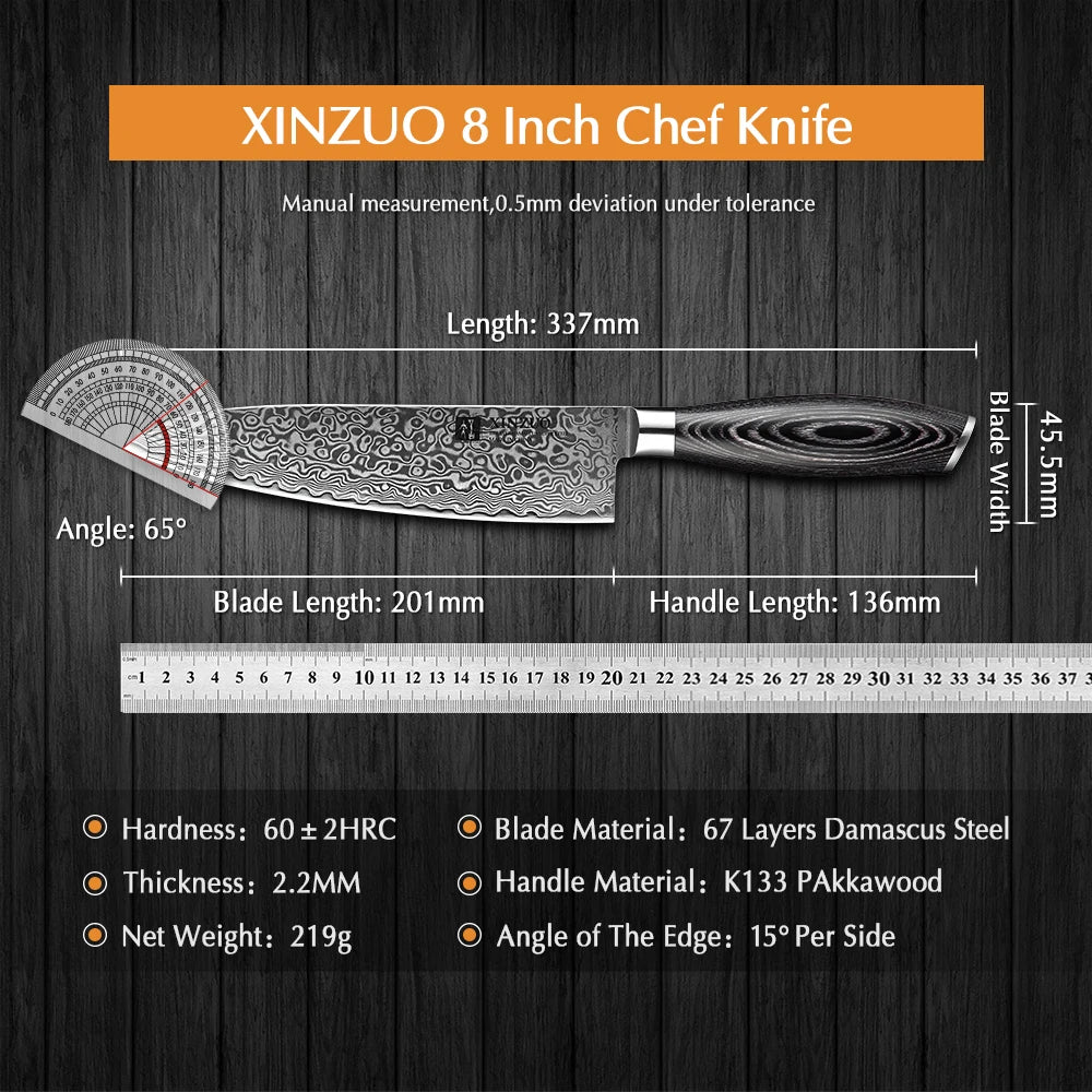 XINZUO 8" Professional Chef Knife Damascus VG10 Steel Pakkawood Handle Kitchen Knife Steel Very Sharp Stainless Steel Knives - Jaazi Intl