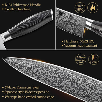 XINZUO 8" Professional Chef Knife Damascus VG10 Steel Pakkawood Handle Kitchen Knife Steel Very Sharp Stainless Steel Knives - Jaazi Intl