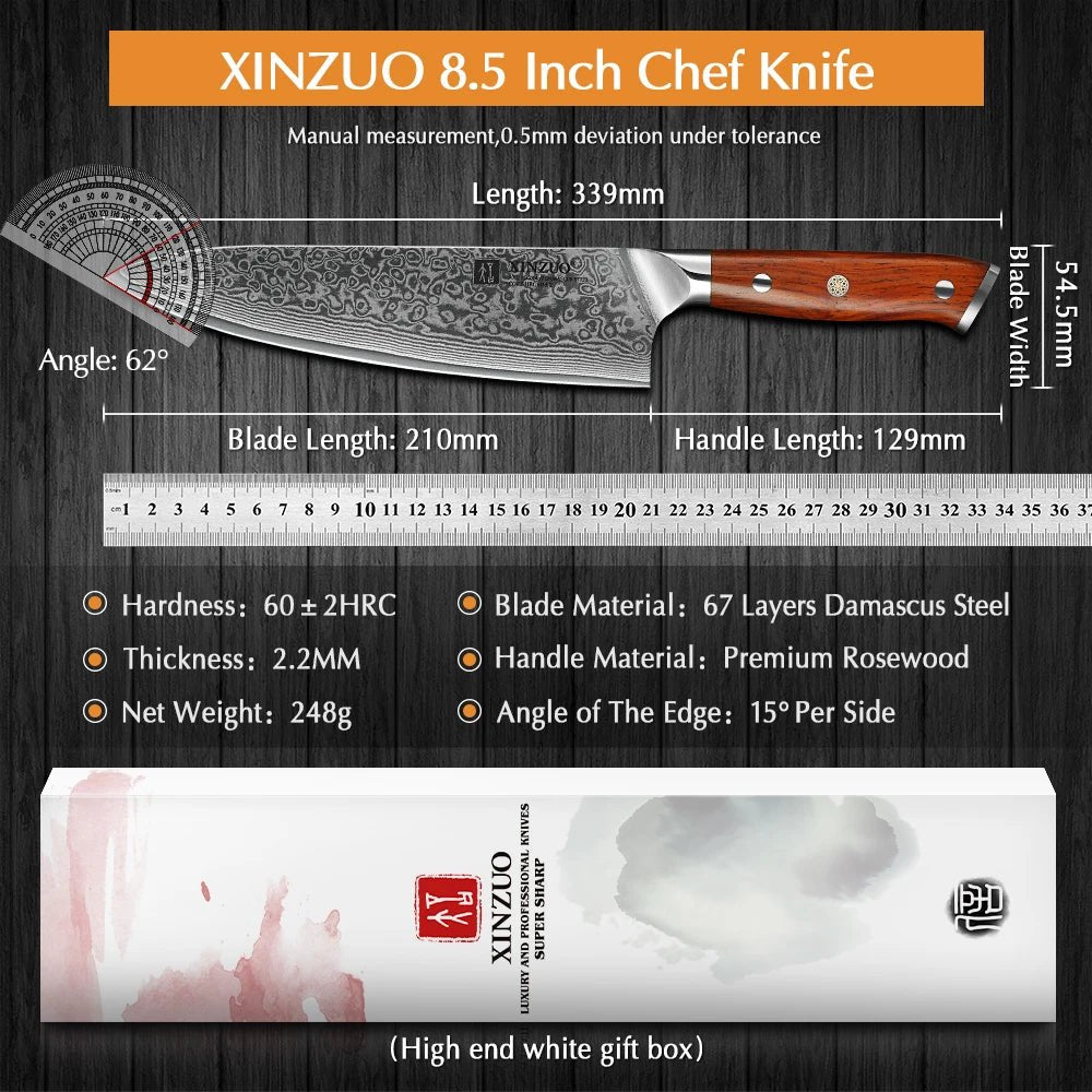 XINZUO 8.5 Inch Chef Knives High Carbon Chinese VG10 67 Layer Damascus Kitchen Knife Stainless Steel Gyuto Knife Rosewood Handle - Jaazi Intl