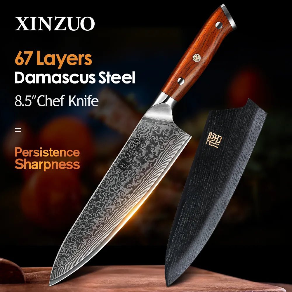 XINZUO 8.5 Inch Chef Knives High Carbon Chinese VG10 67 Layer Damascus Kitchen Knife Stainless Steel Gyuto Knife Rosewood Handle - Jaazi Intl