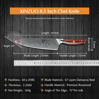 XINZUO 8.5 Inches Chef Knife Japanese VG10 Damascus Kitchen Knives Stainless Steel Slicing Meat Cooking Knife Rosewood Handle - Jaazi Intl