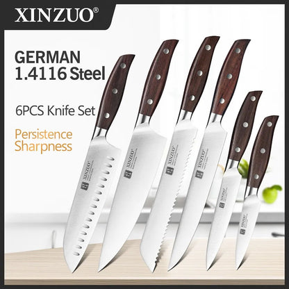 XINZUO Kitchen Tools 6 PCS Kitchen Knife Set of Utility Cleaver Chef Bread Knife High Carbon German Stainless Steel Knives Sets - Jaazi Intl