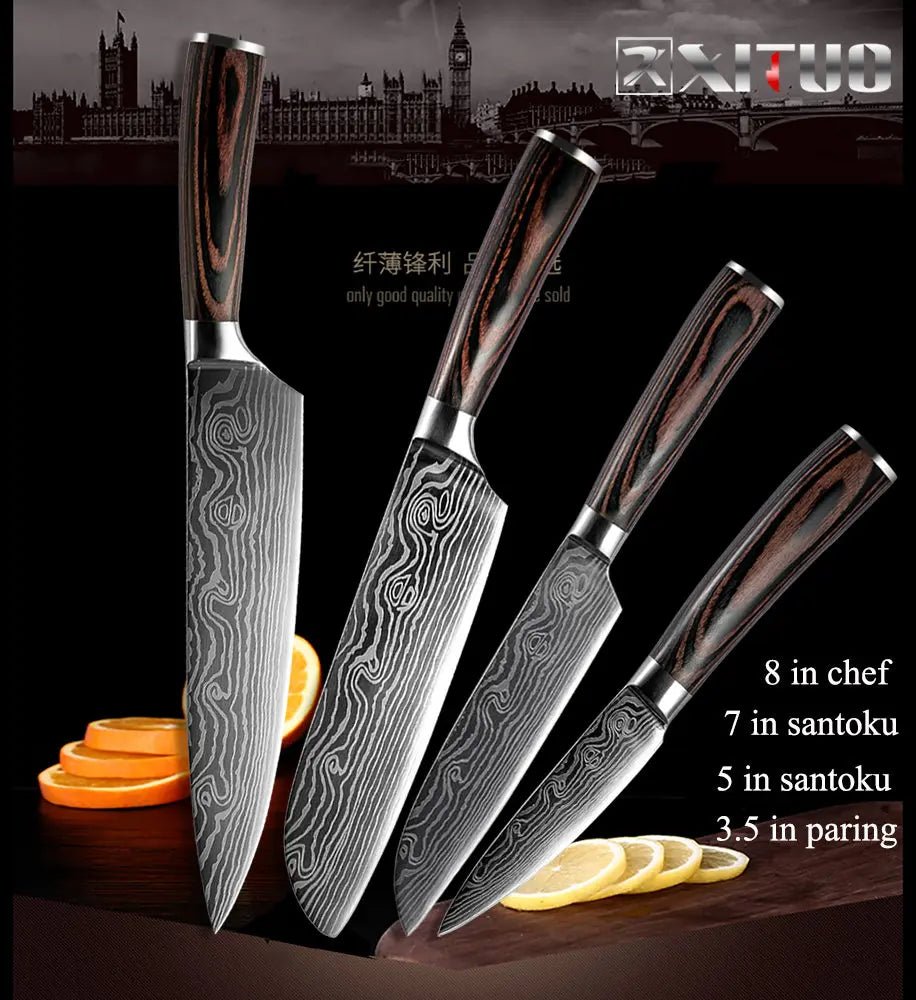 XITUO 2-5PCS Set Kitchen Knife Damascus Laser Stainless Steel Blades Chef Knife Santoku knife Utility Paring knives Tools - Jaazi Intl