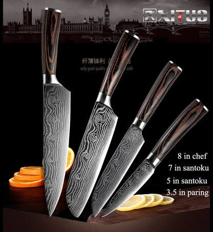 XITUO 2-5PCS Set Kitchen Knife Damascus Laser Stainless Steel Blades Chef Knife Santoku knife Utility Paring knives Tools - Jaazi Intl