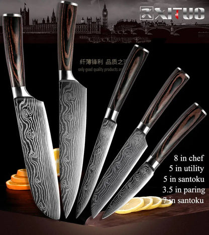 XITUO 2-5PCS Set Kitchen Knife Damascus Laser Stainless Steel Blades Chef Knife Santoku knife Utility Paring knives Tools - Jaazi Intl