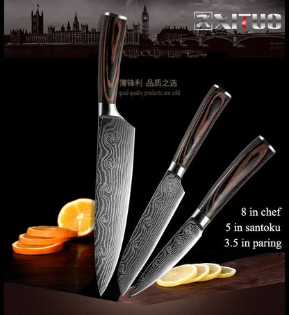 XITUO 2-5PCS Set Kitchen Knife Damascus Laser Stainless Steel Blades Chef Knife Santoku knife Utility Paring knives Tools - Jaazi Intl