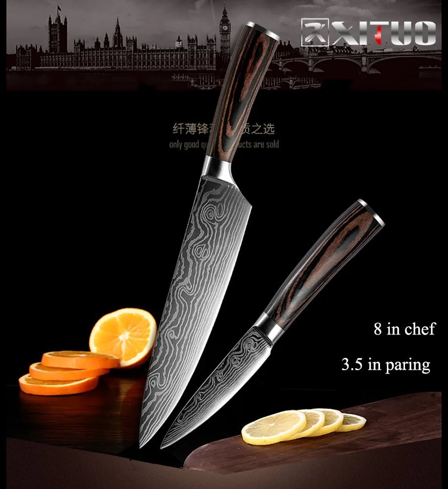 XITUO 2-5PCS Set Kitchen Knife Damascus Laser Stainless Steel Blades Chef Knife Santoku knife Utility Paring knives Tools - Jaazi Intl