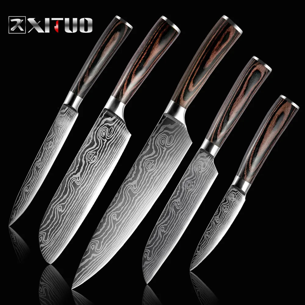 XITUO 2-5PCS Set Kitchen Knife Damascus Laser Stainless Steel Blades Chef Knife Santoku knife Utility Paring knives Tools - Jaazi Intl