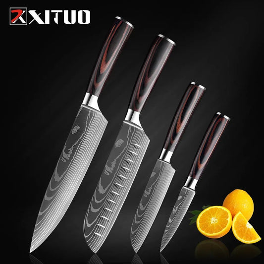 XITUO Kitchen Knife Japanese Knife Cooking Set 3" 5" 7" 8" inch+Laser Damascus Pattern Paring Fruit Vege Chef Knife Kitchen Tool - Jaazi Intl