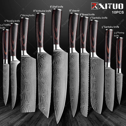 XITUO Kitchen Knives set 1-10PCS Chef knife High Carbon Stainless Steel Santoku knife Sharp Cleaver Slicing Knife Best Choice - Jaazi Intl