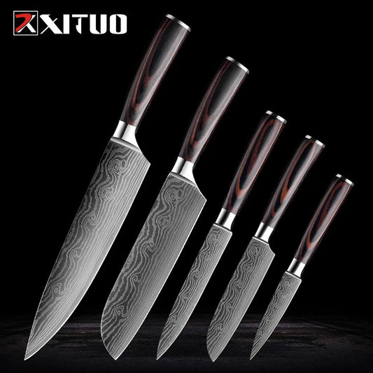 XITUO stainless steel kitchen knives set Japanese chef knife Damascus steel Pattern Utility Paring Santoku Slicing knife Health - Jaazi Intl