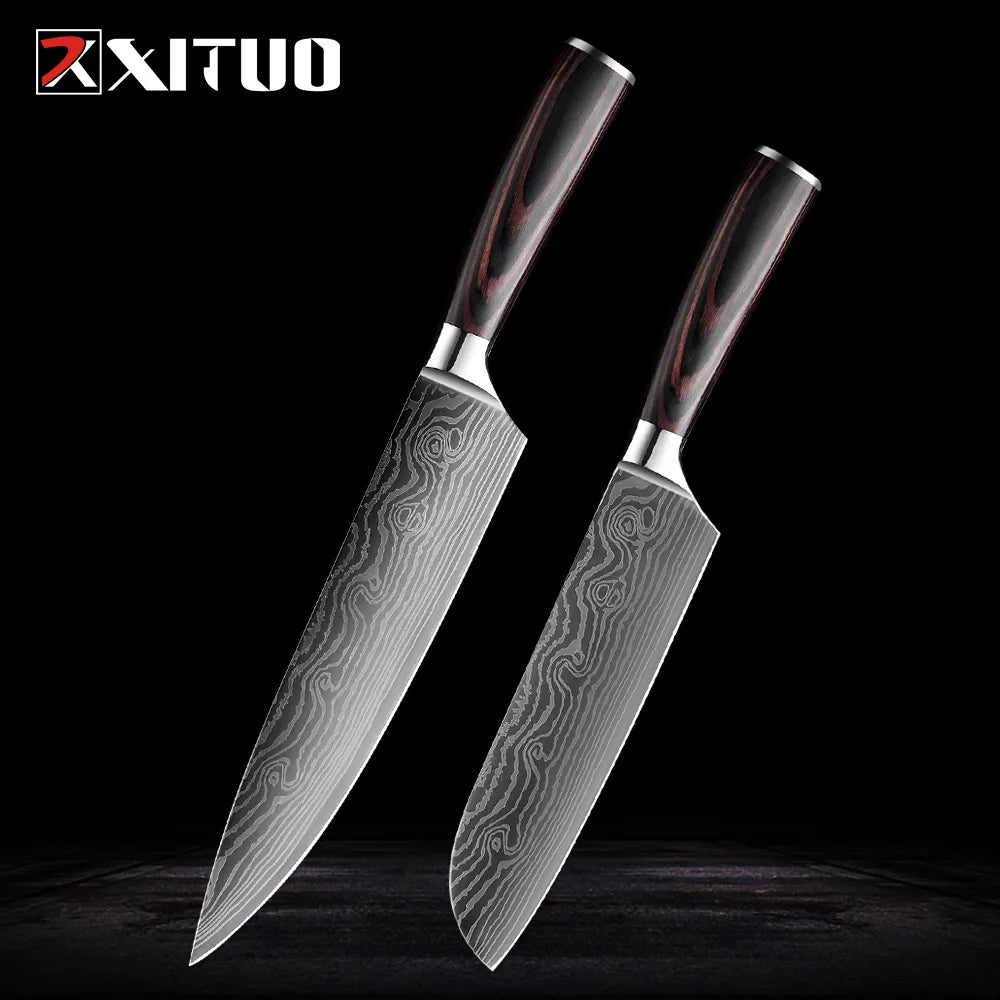 XITUO stainless steel kitchen knives set Japanese chef knife Damascus steel Pattern Utility Paring Santoku Slicing knife Health - Jaazi Intl