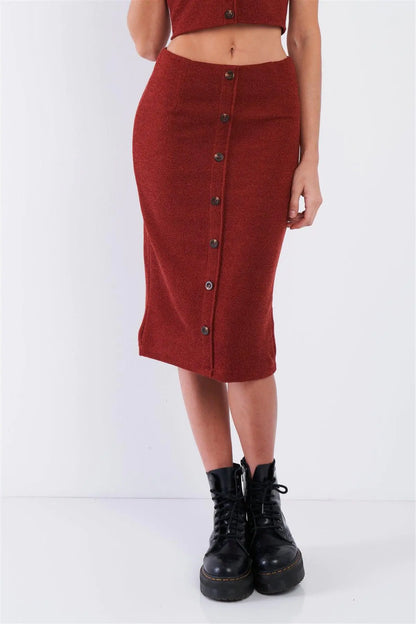 Rust Red Mock Button U-Shape Hem Crop & Midi Bodycon Skirt Set /1-2-2